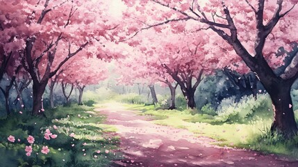 Watercolor painting of a path leading through a forest of blooming cherry blossom trees.