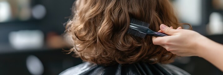 Fototapeta premium A hairdresser or stylist is combing through brown wavy hair of a client seated at a salon, highlighting the personal care, grooming, beauty, and attention to detail involved in hairstyling.