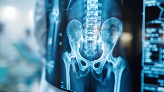 X-ray of human pelvis and spine, detailed view of lumbar vertebrae and hip joints, showcasing skeletal structure in a clinical setting, emphasizes diagnostic imaging importance.