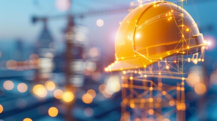 Digital Construction Helmet, illuminated yellow safety helmet overlaid with glowing network lines, set against a blurred construction site backdrop, symbolizing innovation and safety.