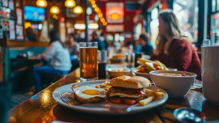 Fat person eating a hearty breakfast at a bustling diner