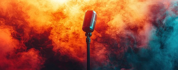 A sleek microphone glistens in the bright stage lights, set against a backdrop of swirling smoke and glowing lasers, creating an atmospheric scene of a high-energy music performance. watercolor