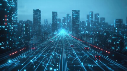 Obraz premium Abstract digital network connections in smart city,cars,road with glowing lines and dots ,generative ai