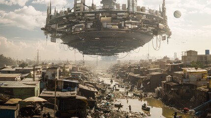 Futuristic Cityscape: A Floating Metropolis over a Poor District