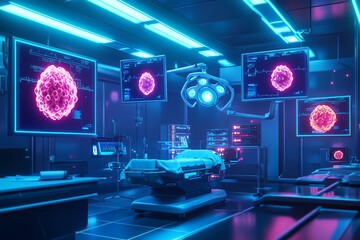 Futuristic medical lab showcasing advanced technology, neon lights, and digital displays of biological organisms.