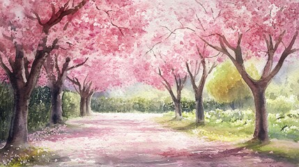 Watercolor painting of a path through a grove of blossoming pink trees, with fallen petals on the ground.