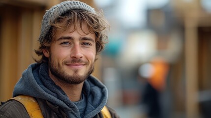 Smiling young man with a knit hat and backpack in an outdoor urban environment, exuding a casual and cheerful vibe.