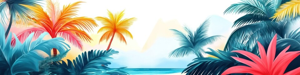 A detailed festival banner with a tropical theme, including palm trees, beach elements, and bright, cheerful colors