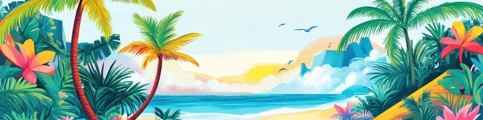 Fototapeta premium A detailed festival banner with a tropical theme, including palm trees, beach elements, and bright, cheerful colors