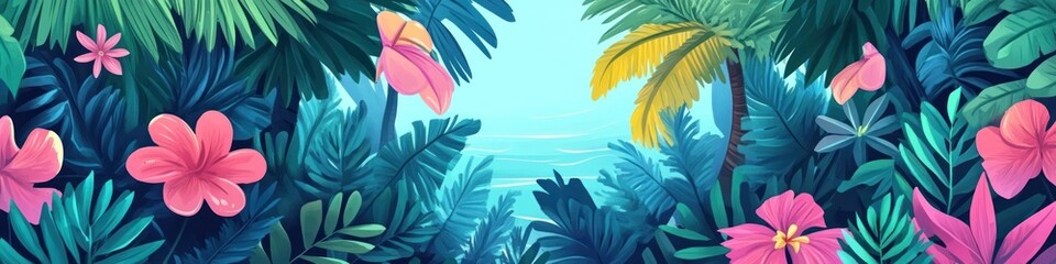 Fototapeta na wymiar A detailed festival banner with a tropical theme, including palm trees, beach elements, and bright, cheerful colors
