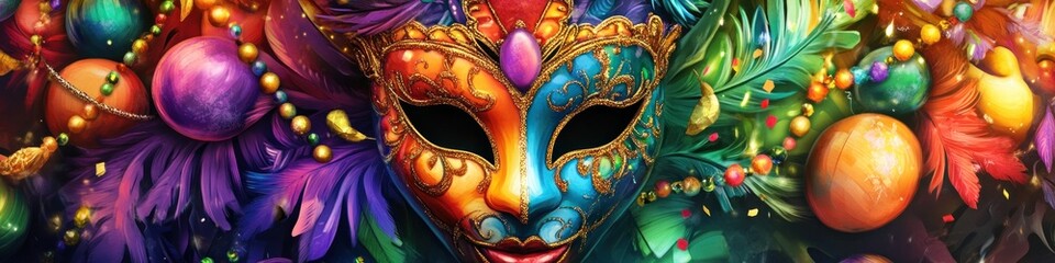 Naklejka premium A detailed festival banner with a Mardi Gras theme, including colorful masks, beads, and festive parade elements