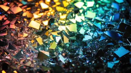 A detailed shot of glass shards scattering light into a rainbow spectrum on a dark surface