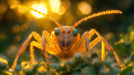 Fototapeta premium Assassin bug, from below, upward view, Hyper-realistic, early morning light 