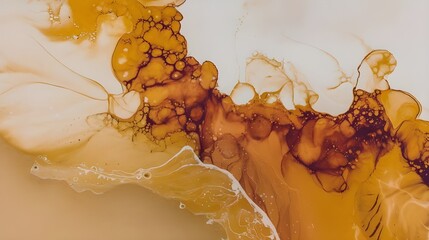 Alcohol ink technique painting in abstract fluid art. Warm tones are painted with flowing translucency. Background like the shifting sands' terrain. Designed for a cover, postcard, poster, or wall art
