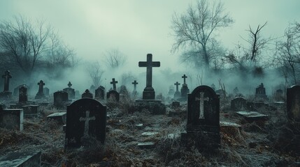 Ethereal Awakening: Ghostly Apparitions in Misty Graveyard at Dawn