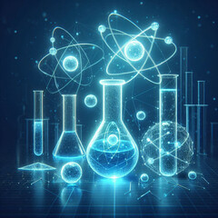 science concept Futuristic scientific research concept with technology with blue glowing abstract molecules and laboratory beakers
