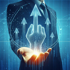 Businessman's hand holding business card pointing upwards with sophisticated blue background