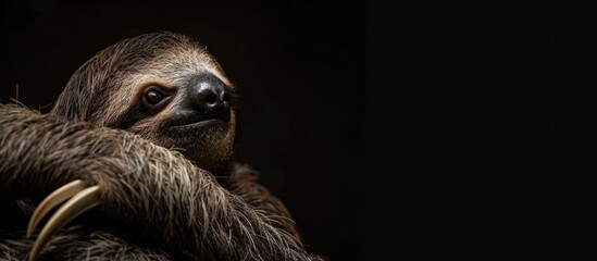 Close-up view of a Three-toed Panama Sloth on the edge of a black background