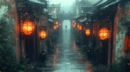Eerie Atmosphere on a Misty Old Town Street with Ghostly Figure