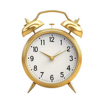 Classic gold alarm clock displaying time clearly, ideal for representing punctuality, time management, and vintage decor.