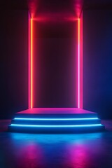 Obraz premium Empty podium stage with stairs illuminated by colorful neon lights in dark background for mockup, template and display design