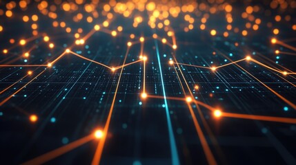 Fototapeta premium hole of perspective symmetrical square network connections Abstract digital background with glowing lines and dots ,generative ai