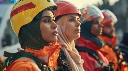 A team of paramedics from different ethnicities responding to an emergency call