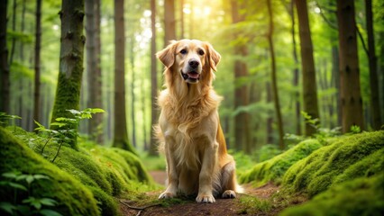 A beautiful golden retriever dog exploring a lush green forest, dog, forest, nature, pet, animal, adventure, exploration