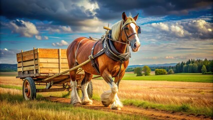 Powerful draft horse pulling a wooden cart in a farm field, horse, work, draught, animal, farm, agriculture, strength, labor