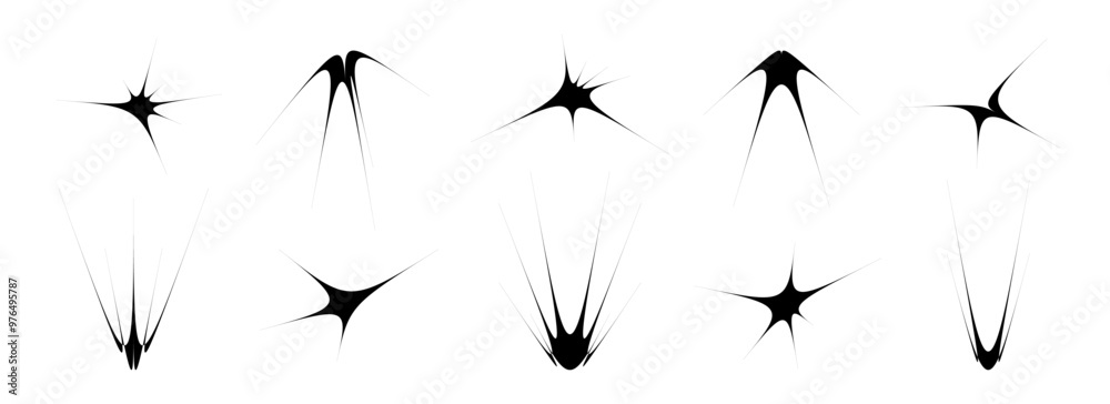 Poster Black thin quirky thorn element set. Sharp star shapes and angular sparks bundle. Strange spokes object pack for poster design, flyer, collage, banner, badge, logo, card, icon, label, sticker. Vector