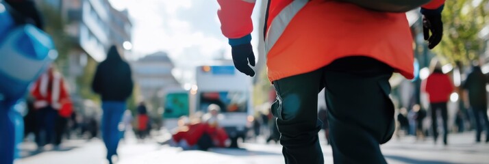 A bustling street scene captures emergency services attending to an incident, with bystanders watching, conveying a sense of urgency, public service, and community concern.