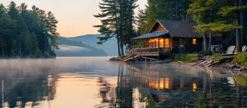 Poster cabin by the lake at sunrise