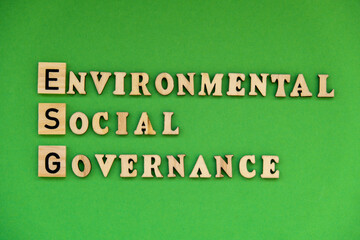 Obraz premium ESG inscription ENVIRONMENTAL SOCIAL GOVERNANCE investment business concept. Text on wooden block on green background. Society and corporate governance 