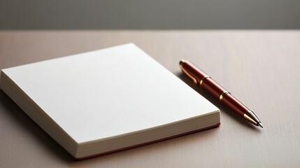 A clean notebook and a pen on a wooden table, perfect for writing notes, ideas, or capturing inspiration in any setting.
