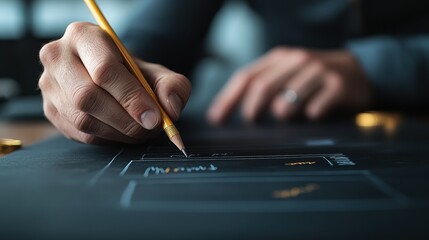 A close-up of a hand holding a pencil, sketching designs on a black paper, showcasing creativity and artistic expression.