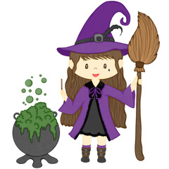 Illustration of a cartoon little witch standing and holding a broom. With  Cauldron.