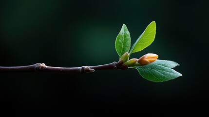 A close-up view of a budding branch with vibrant green leaves and an orange bud against a dark background, symbolizing renewal.