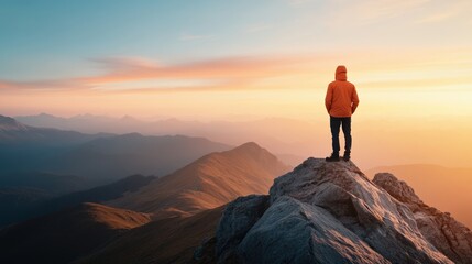 A lone figure stands on a mountain peak, bathed in the warm glow of a stunning sunset, embodying adventure and tranquility.