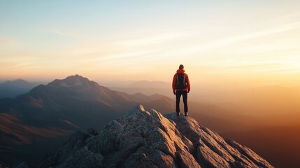 Fototapeta premium A lone traveler stands atop a rugged mountain peak, overlooking a breathtaking sunset and the vast wilderness beyond.