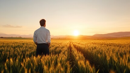 Fototapeta premium A man stands in a golden field at sunset, reflecting on nature's beauty and the tranquility of rural life.