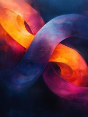 Abstract swirling shapes in vibrant colors on a dark background.