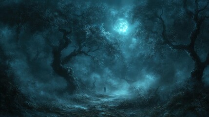 Enigmatic Dark Twisted Forest with Ghostly Silhouette