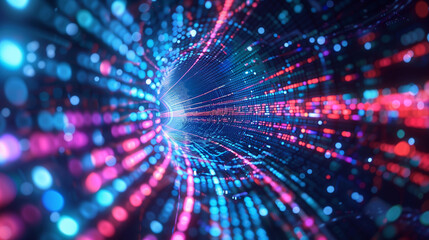 Vibrant tunnel of glowing data streams and digital lights forming a futuristic information highway