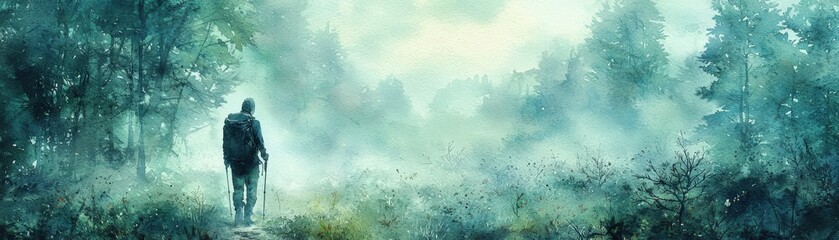 A wide-angle shot of a hiker on a misty forest path, surrounded by a sea of towering trees and thick, lush undergrowth. The large backpack slung over the hiker&acirc;&euro;&trade;s shoulders enhances the sense of a