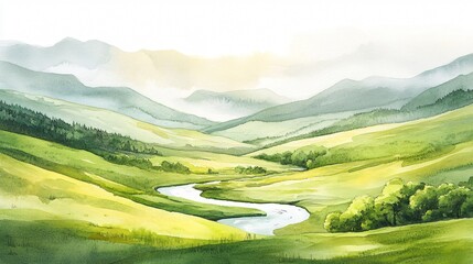 Watercolor painting of a scenic landscape with a winding river flowing through rolling green hills and a mountain range in the distance.