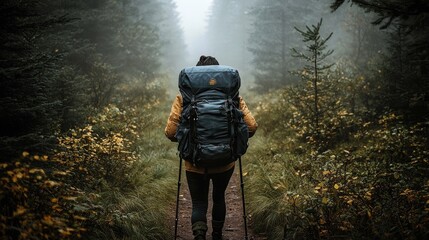 A hiker equipped with a large backpack makes their way through a misty, forest trail. The thick, verdant foliage and towering trees are enveloped in a soft, ethereal mist, adding an adventurous and