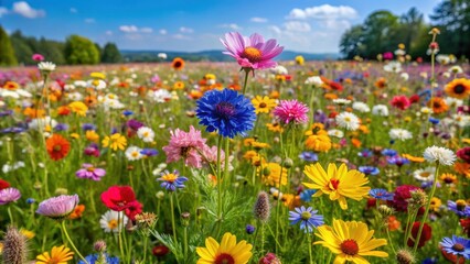 Fototapeta premium Vibrant field of wildflowers in bloom, spring, meadow, colorful, nature, flora, outdoors, environment, petals, sunny, beauty