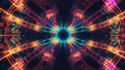 Abstract colorful light streaks form a glowing mandala design.