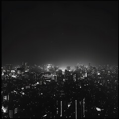 Fototapeta premium A high-contrast black and white photograph of a city skyline at night, with bright lights glowing against the deep darkness of the night sky. 8k UHD, suitable for high-quality printing or digital 