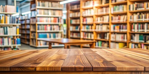 Fototapeta premium Wooden table in focus against a blurry background of a library , wooden, table, library, books, education, study